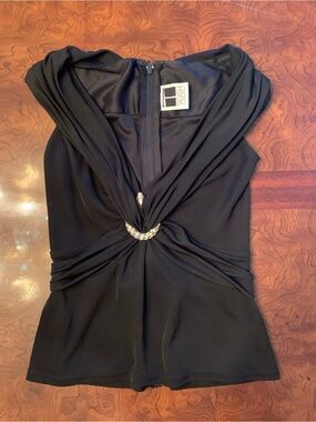 Tadashi Black Sleeveless Twist-Front V Neck Tank with Diamond Embellishment